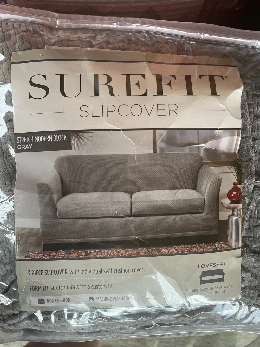 SureFit Gray Stretch Modern Block 3 Piece Loveseat Slipcover Like New